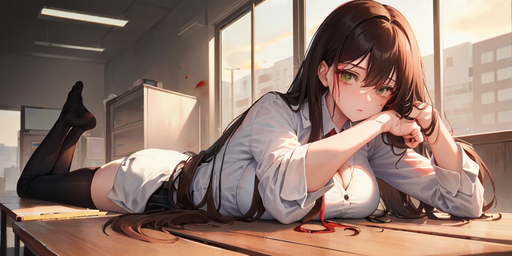 (lying on the ground bleeding:1.3), Lisa, genshin impact, 1 girl, alone, ((white shirt)), black Thighhighs, huge breasts, big breasts, cleavage, uniform, office background, black shorts, office, hair between eyes, messy hair, large chest, long hair, brown hair, red short nails, green eyes, alone, Thighhighs, thick thighs, very long hair, ((masterpiece)), classroom, board, class board, Close ~ eyes, My clothes are covered in blood, Slender, bloody ground, dead,