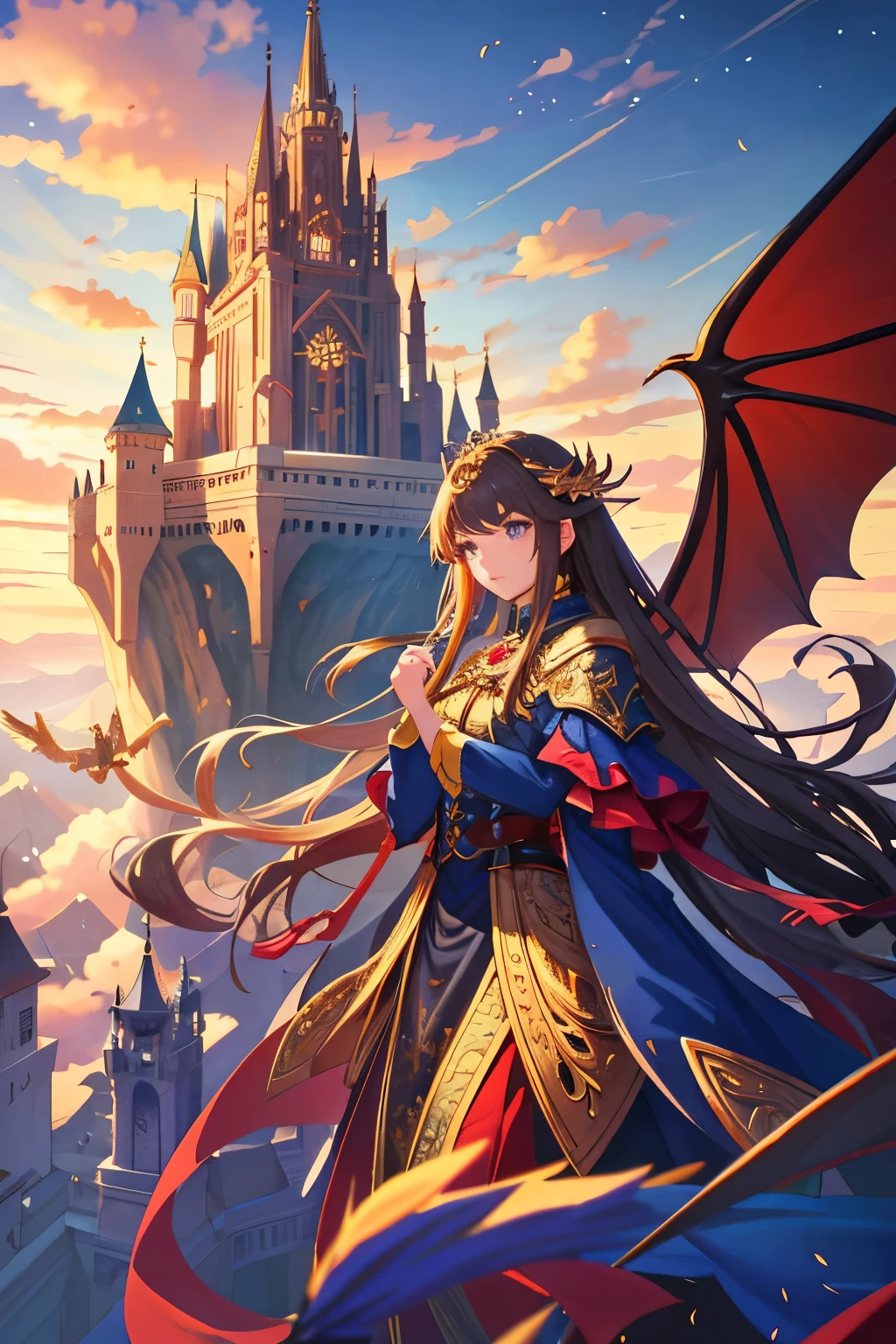 Masterpiece, epical scene, towering castles floating in the sky, dragon riders soaring above, radiating an aura of high-fantasy anime, intricately detailed architecture, vibrant colors, draconic wings spread wide against a backdrop of twilight, sun setting, casting long shadows on the grand structures below, ethereal and surreal, a mesmerizing sight to behold, exquisitely rendered, lifelike, a captivating display of artistic prowess.