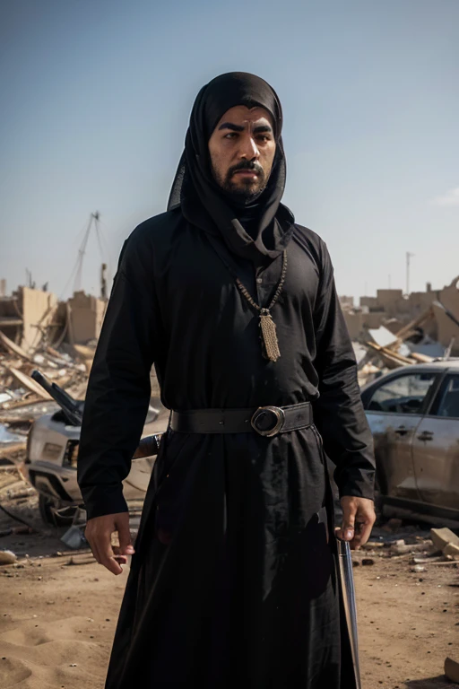 (a mascular Man standing still with palestine flag neck scarf and he is looking towards the viewer))、(Arabian Look), ((front view)), ((wearing arabian black Abaya and hold arabian sword))、((at the destruction area))、long hair to shoulder have long beard)、nikon RAW photo、16 K、FujifilmXT3、masterpiece、top-quality、realisitic、Photorealistic、ultra-detailliert、extra detailed face、独奏、1Boy in、High-end makeup products、 and a angry expression on his face, Arabian face 、(FULL BODYSHOT) , , (wide angle view) , round glasses
