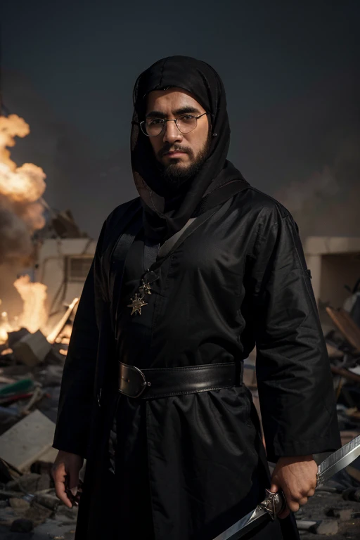 (a mascular Man standing still with palestine flag neck scarf and he is looking towards the viewer))、(Arabian Look), ((front view)), ((wearing arabian black Abaya and hold arabian sword))、((at the destruction area))、long hair to shoulder have long beard)、nikon RAW photo、16 K、FujifilmXT3、​masterpiece、top-quality、realisitic、Photorealistic、ultra-detailliert、extra detailed face、独奏、1Boy in、High-end makeup products、 and a angry expression on his face, Arabian face 、(FULL BODYSHOT) , , (wide angle view) , round glasses