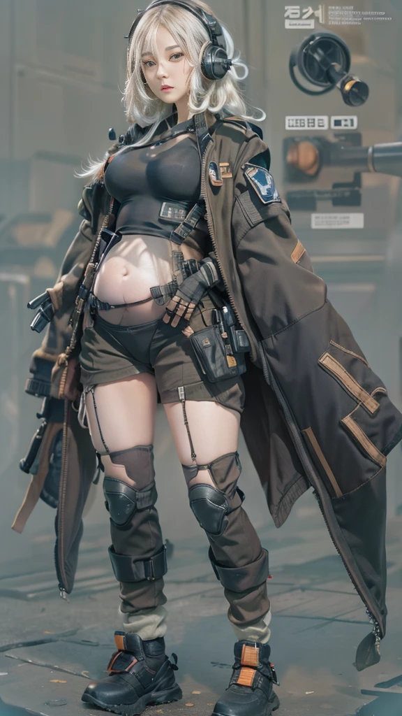 1 girl, 8k resolution, masterpiece, full term pregnancy with octuplets, jiggly round belly, pregnant belly exposed, belly button exposed, black tactical bodysuit, black tactical cargo pants, black triangle bikini, sniper rifle, realistic tits, beautiful, tall, tomboy, shoulder length white hair with red highlights, athletic, sexy pose, different perspectives, ultra high detail, beautiful face, ultra high detail face, black combat headset, pastel colors, soft lighting,