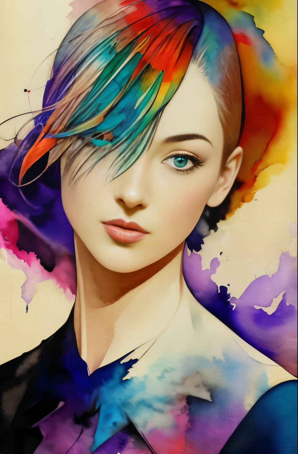 painting of woman, tumbler, figurative art, Intense watercolor painting, watercolor detailed art, Watercolor Splash, surreal, Avant-garde pop art, Beautiful and expressive paintings, Beautiful artwork illustration, very colorful tones, wonderful, birdland lullaby, cool beauty, highest quality,official art, women only, sharp outline, best shot, vector art, Written by Sandra Chevrier, Dave McKean、by Richard Avedon、Written by Makiezi Kusiala, luminous design