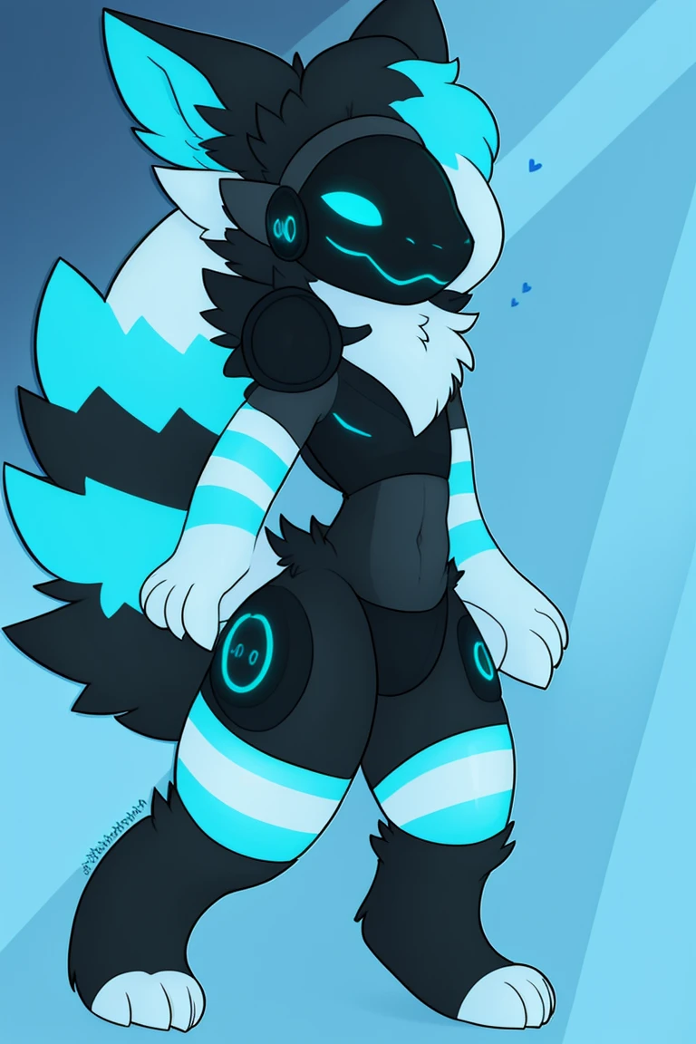 Voice Mode Protogen, Striped thighs, Striped arm warmers, colorful feathers, multicolored hair, white fur, blue hairs, black fur, white background, simple background, stand