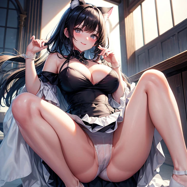 masterpiece、black short straight hair、fluttering in the wind、silk white off shoulder、skirt lift、Cat ear、white skin、big breasts、valley、thin waist、thin thighs、Silk miniskirt off-shoulder dress、white sexy cosplay、whole body、angle from below、real、shiny skin、blush、smile、hands behind head、squat、spread your legs、Pink silk panties