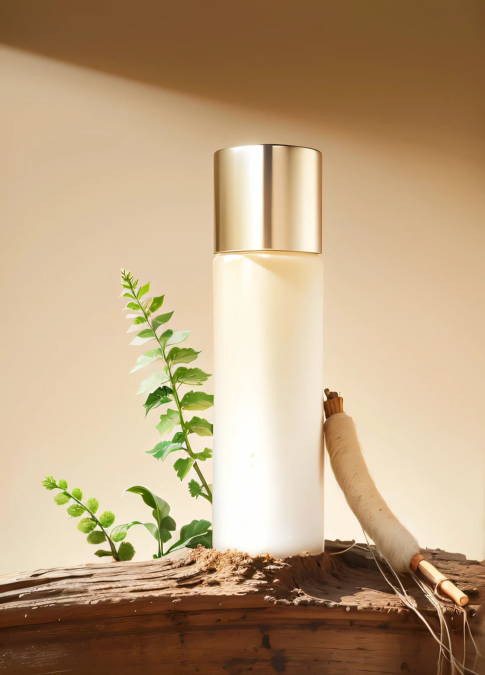there is a bottle of lotion and a plant on a wooden table, Gives skin a natural glow, product photo, Jia, natural skin color, soft luminescent glow, close portrait, from me, Natural and realistic rendering, detailed picture, bottle, skin care, Product photography, natural skin texture, soft natural light, soft light, skin care, High quality theme rendering