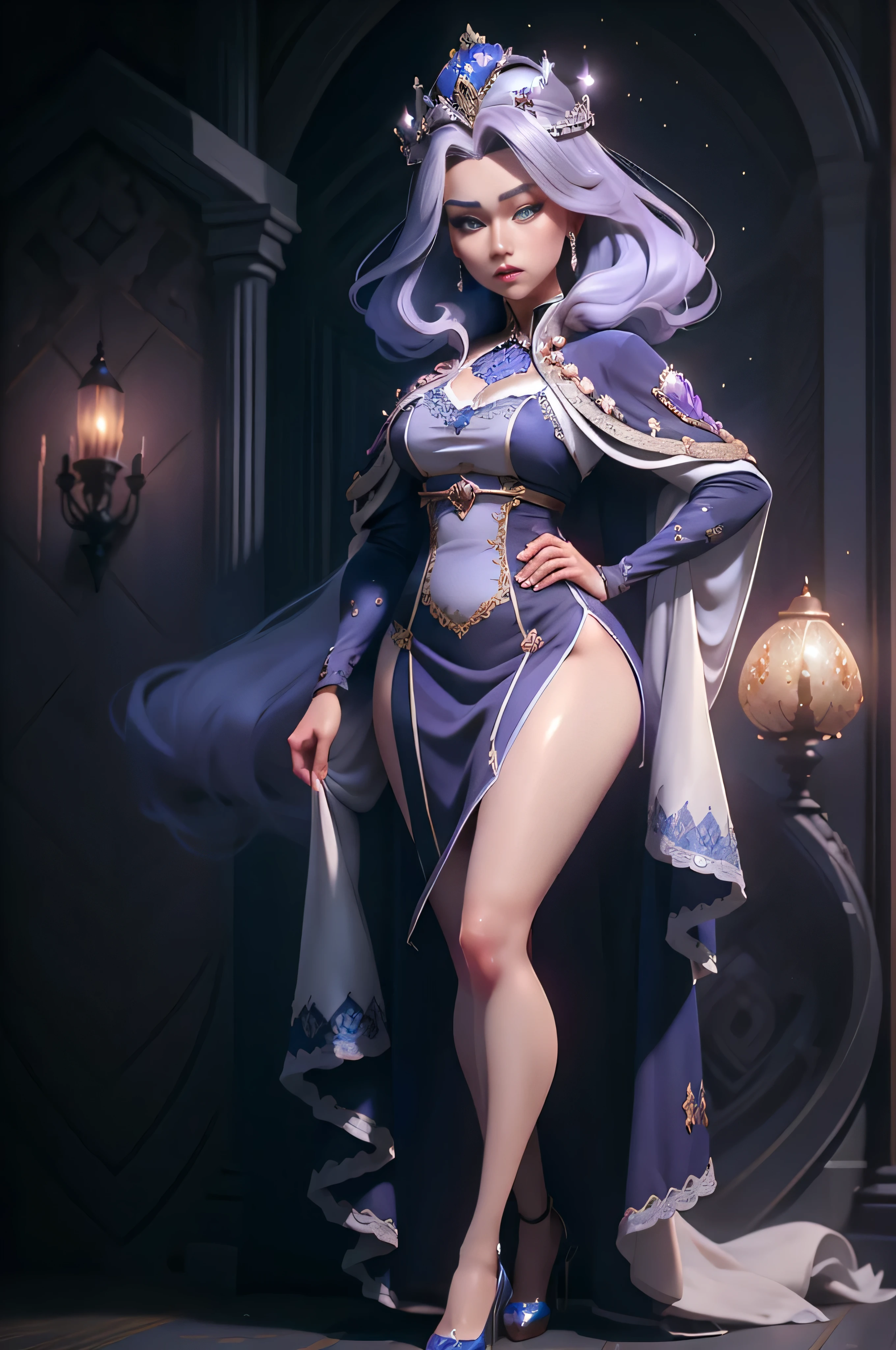 11:23(((best quality: 1.4))),(Unparalleled masterpiece), (ultra high definition),(Hyper-realistic 8K CG)、（purple hair） ((( Many legs))), (((1 queen in))), 25-year-old American soldier with perfect body,,Beautiful and well-groomed face,muscular body:1.2,detailed solid color jacket, (Pictures of the whole body)， a queen，A crown on the head，Inlaid with shaped gemstones，Expressing her noble temperament and clear-cut face，Have a high nose bridge and plump lips，A cunning light flashed in the blue eyes，Wearing a black noble robe，It is embellished with delicate silver embroidery，