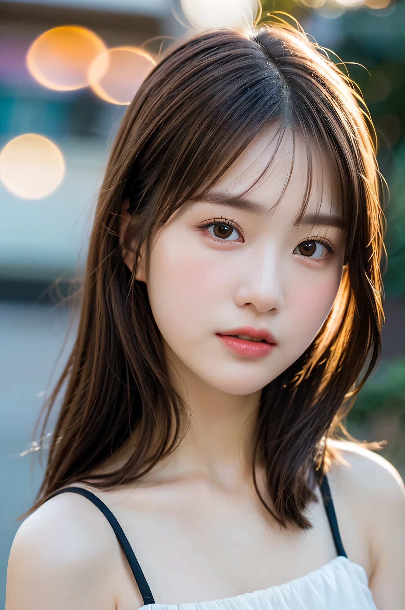 (best quality), (ultra-detailed), (llustration), (detailed light), (an extremely delicate and beautiful), 1young girl, brown hair, brown eyes, model, bare shoulders, best quality, extremely detailed CG unified 8k wallpaper, High-definition raw color photos, professional photograpy, (((Bokeh))), depth of fields, twilight, sunset,