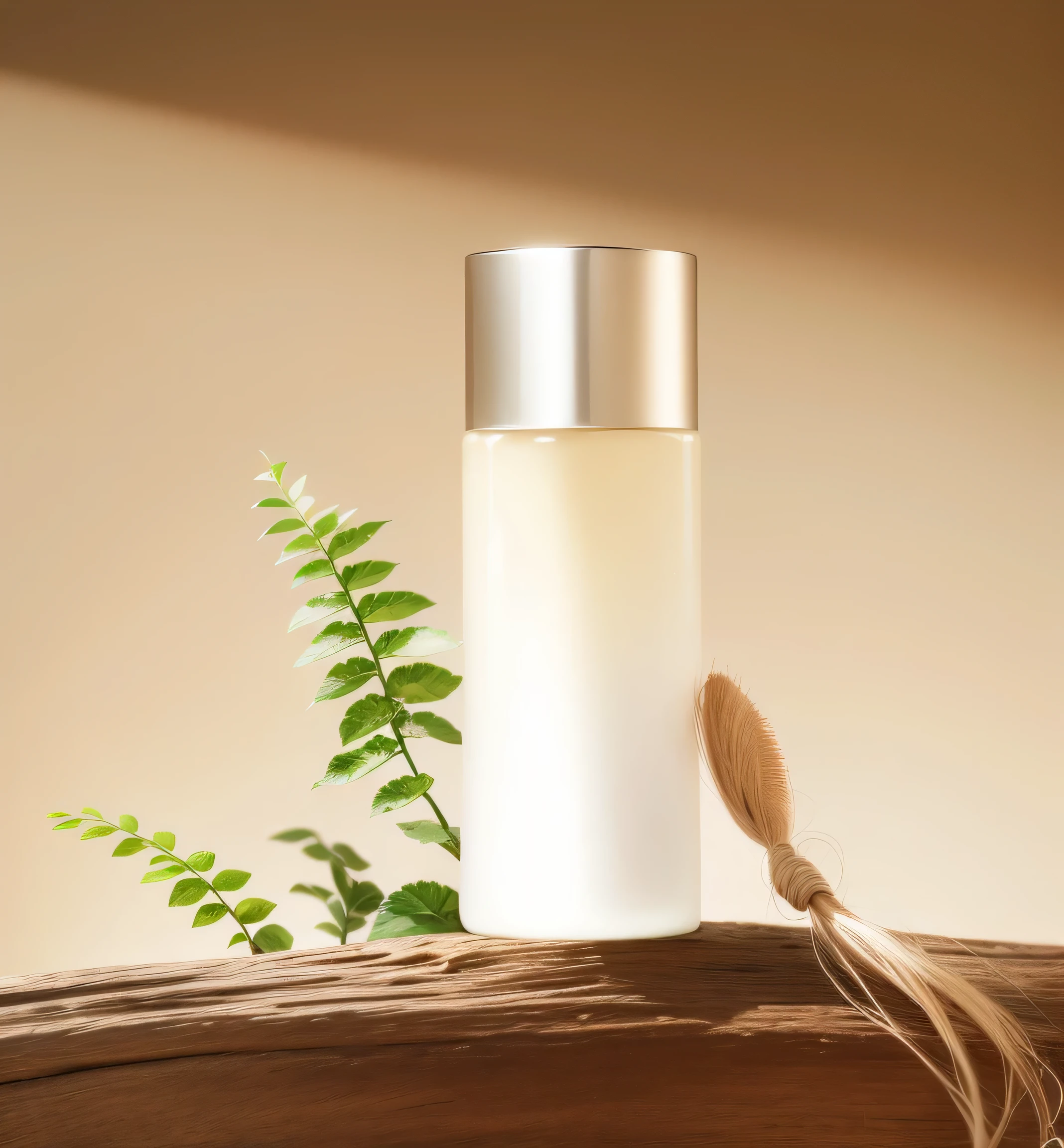 there is a bottle of lotion and a plant on a wooden table, Gives skin a natural glow, product photo, Jia, natural skin color, soft luminescent glow, close portrait, from me, Natural and realistic rendering, detailed picture, bottle, skin care, Product photography, natural skin texture, soft natural light, soft light, skin care, High quality theme rendering