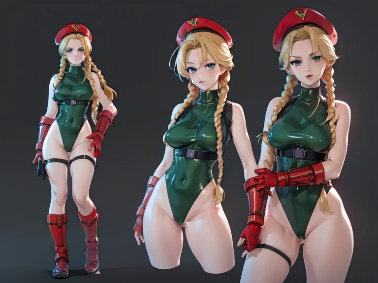 ((masterpiece)),(((best quality))),((character design sheet)), concept, poses, masterpiece, best quality, highres, 1girl, cammy white, twin braids, long hair, blonde hair, antenna hair, beret, military gear, (red headwear:1.3), blue eyes, scar on cheek, green leotard, large breasts, sleeveless, red gloves, fingerless gloves, camouflage, cowboy shot, standing, outdoors, arms at sides, straight-on, blank background ,chara-sheet