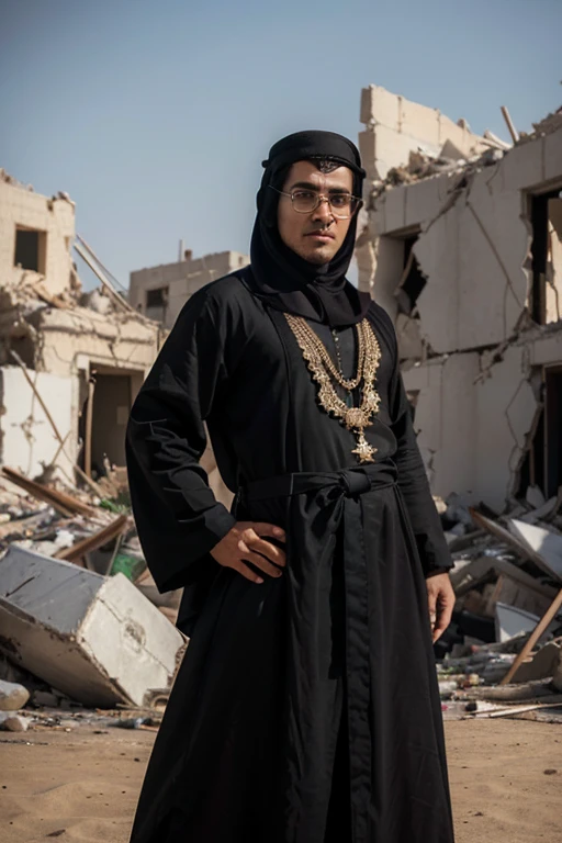 (a mascular Man standing still wearing palestine flag headban and he is looking towards the viewer))、(Arabian Look), ((front view)), ((wearing arabian black Abaya and hold arabian sword))、((at the destruction area))、long hair to shoulder have long beard)、nikon RAW photo、16 K、FujifilmXT3、masterpiece、top-quality、realisitic、Photorealistic、ultra-detailliert、extra detailed face、独奏、1Boy in、High-end makeup products、 and a angry expression on his face, Arabian face 、(FULL BODYSHOT) , , (wide angle view) , round glasses