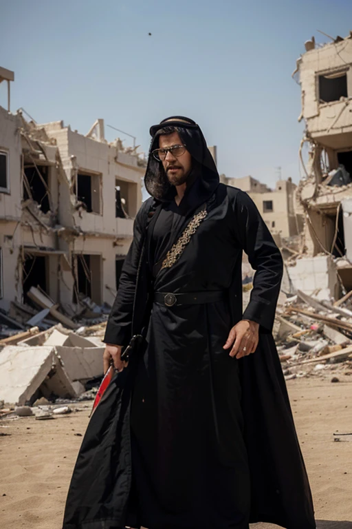(a mascular Man standing still wearing palestine flag headban and he is looking towards the viewer))、(Arabian Look), ((front view)), ((wearing arabian black Abaya and hold arabian sword))、((at the destruction area))、long hair to shoulder have long beard)、nikon RAW photo、16 K、FujifilmXT3、​masterpiece、top-quality、realisitic、Photorealistic、ultra-detailliert、extra detailed face、独奏、1Boy in、High-end makeup products、 and a angry expression on his face, Arabian face 、(FULL BODYSHOT) , , (wide angle view) , round glasses