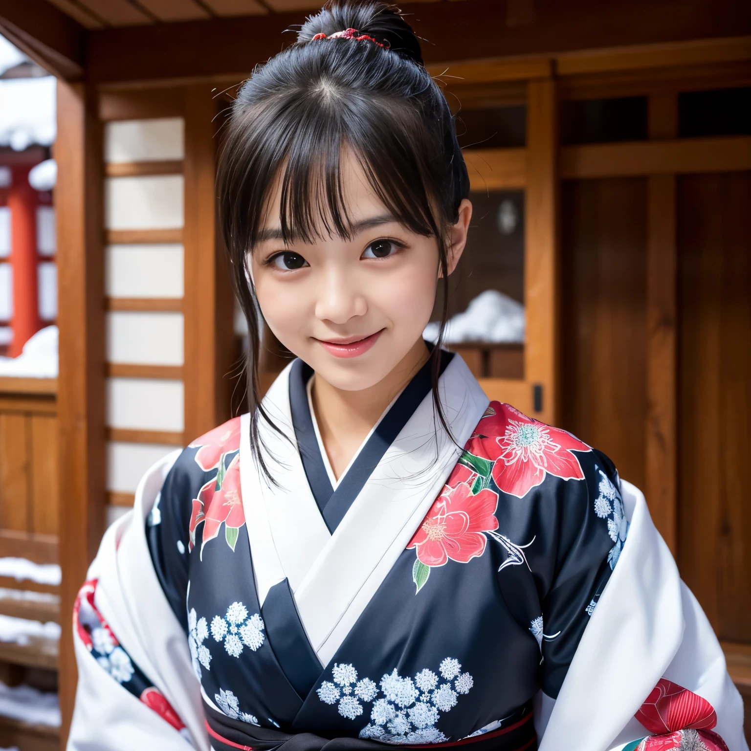 Best-quality, Masterpiece, Ultra-High-Resolution, (Photorealistic:1.4), Raw-Photo, at Japanese-traditional-inn in heavy-snowy-mountain, 1girl, the most popular Japanese idol, wearing only beautiful-Japanese-KIMONO, looking at viewer, grinning, Perfect proportion, extremely cute face like the most famous Japanese idol, ((extremely beautiful big-black-eyes)), extremely beautiful black-short-cut-haired, extremely beautiful long-eyelashes, extremely beautiful lips, detailed Japanese-traditional-inn, detailed heavy-snowy-mountain, detailed beautiful-Japanese-KIMONO