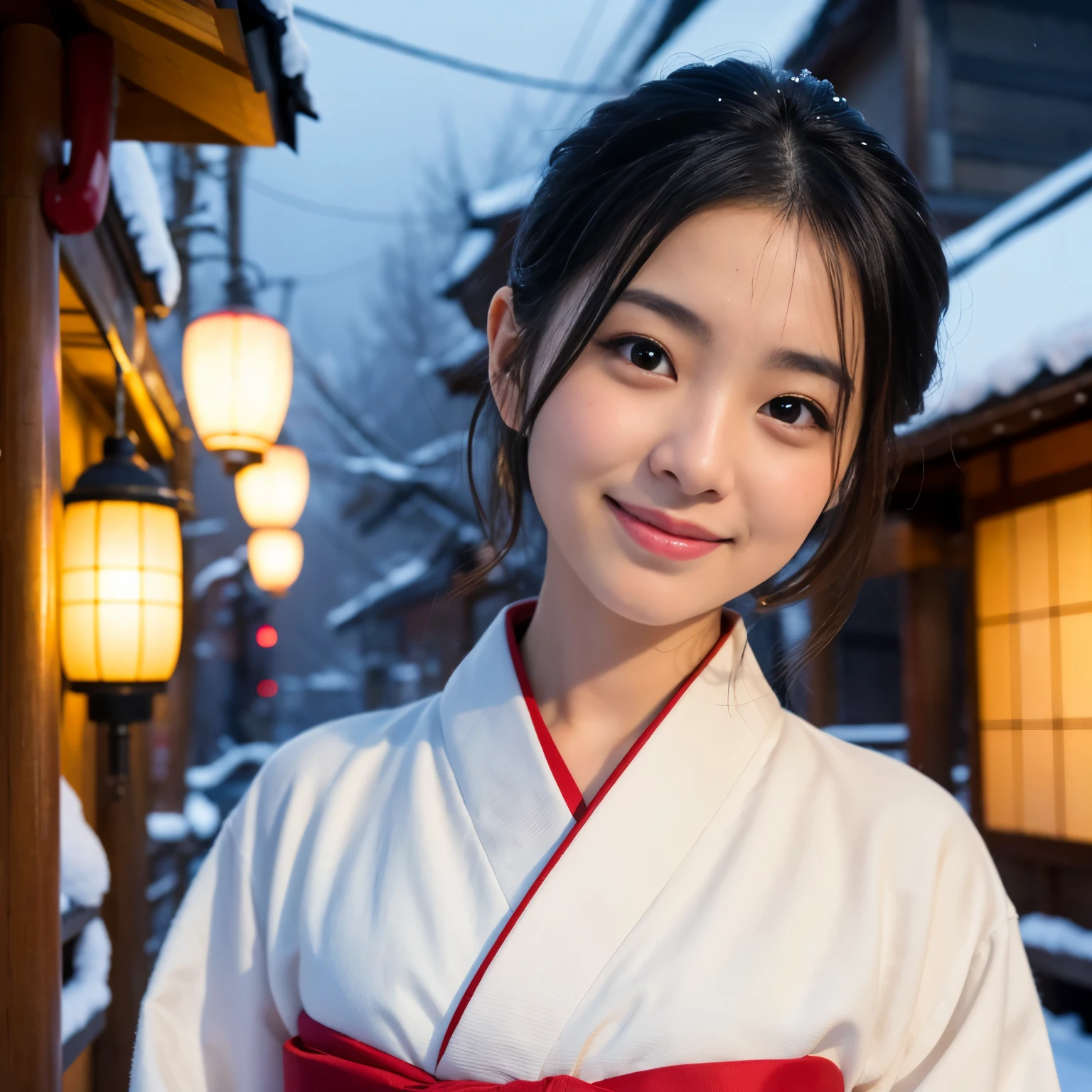 Best-quality, Masterpiece, Ultra-High-Resolution, (Photorealistic:1.4), Raw-Photo, at Japanese-traditional-inn in heavy-snowy-mountain, 1girl, the most popular Japanese idol, wearing only beautiful-Japanese-KIMONO, looking at viewer, grinning, Perfect proportion, extremely cute face like the most famous Japanese idol, ((extremely beautiful big-black-eyes)), extremely beautiful black-short-cut-haired, extremely beautiful long-eyelashes, extremely beautiful lips, detailed Japanese-traditional-inn, detailed heavy-snowy-mountain, detailed beautiful-Japanese-KIMONO