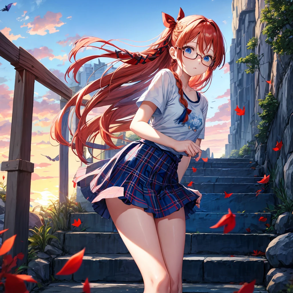 blue hair、Red-blonde、blue eyes、Braid、one good looking girl、solo、anime、Plaid miniskirt、camisole、black t-shirt、Tilting your face、Doing the ribbon、Ribbon at waist、sunset sky、stone stairs、petal、tunnel、Fallen leaves、wearing glasses、waterfall、paper airplane、Pushing a bicycle、Burning