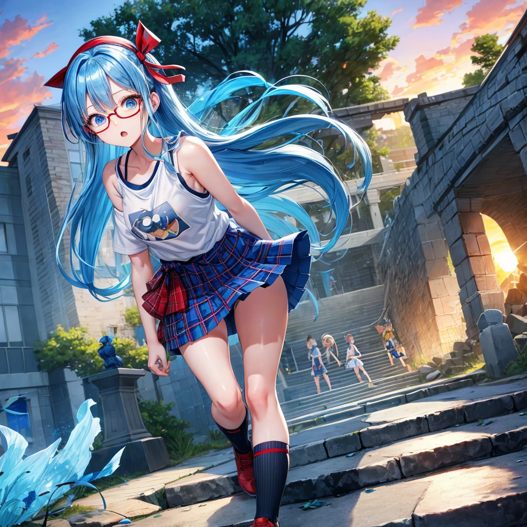 blue hair、Red-blonde、blue eyes、Braid、one good looking girl、solo、anime、Plaid miniskirt、camisole、black t-shirt、Tilting your face、Doing the ribbon、Ribbon at waist、sunset sky、stone stairs、petal、tunnel、Fallen leaves、wearing glasses、waterfall、paper airplane、Pushing a bicycle、Burning