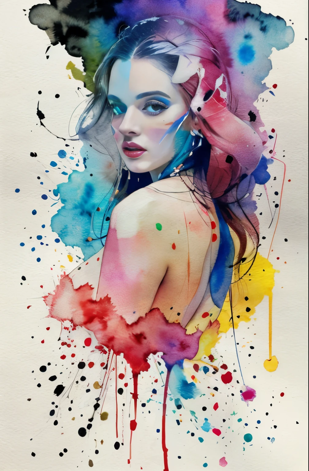 painting of woman, tumbler, figurative art, Intense watercolor painting, watercolor detailed art, Watercolor Splash, surreal, Avant-garde pop art, Beautiful and expressive paintings, Beautiful artwork illustration, very colorful tones, wonderful, cool beauty, highest quality,official art, women only, sharp outline, best shot, vector art, Written by Sandra Chevrier, Dave McKean、by Richard Avedon、Written by Makiezi Kusiala, luminous design