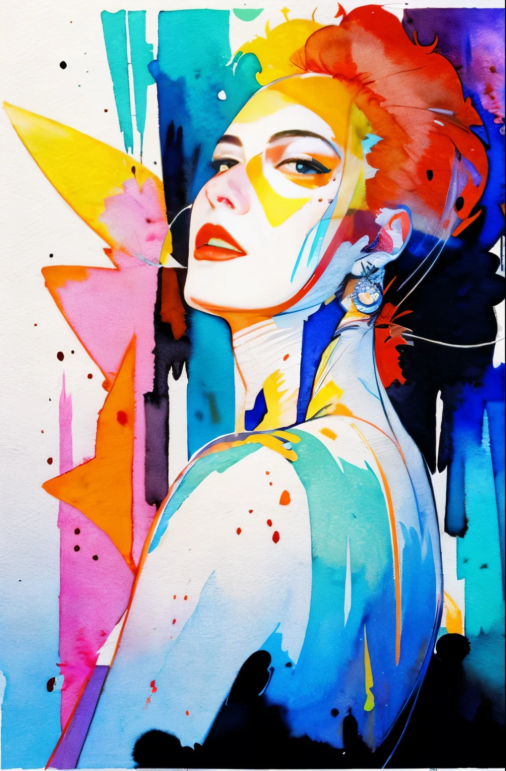 painting of woman, tumbler, figurative art, Intense watercolor painting, watercolor detailed art, Watercolor Splash, surreal, Avant-garde pop art, Beautiful and expressive paintings, Beautiful artwork illustration, very colorful tones, wonderful, cool beauty, highest quality,official art, women only, sharp outline, best shot, vector art, Written by Sandra Chevrier, Dave McKean、by Richard Avedon、Written by Makiezi Kusiala, luminous design