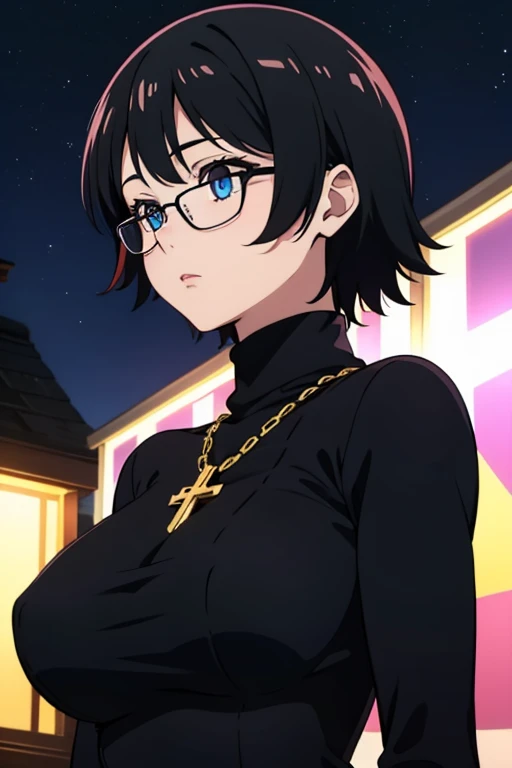 Shizuku Murasaki, 1girl, cute, black hair, short hair, glasses, expressionless, huge breast, ((tight black long sleeve turtleneck:1.5)), (front view, upper body, looking at view), (masterpiece, high resolution, best quality, anime colored, anime screencap, 8k, photorealistic), denim, inverted cross chain necklace, (perfect detailed anatomy, beautiful detailed eyes&hair, beautiful detailed body&clothes), night outdoors