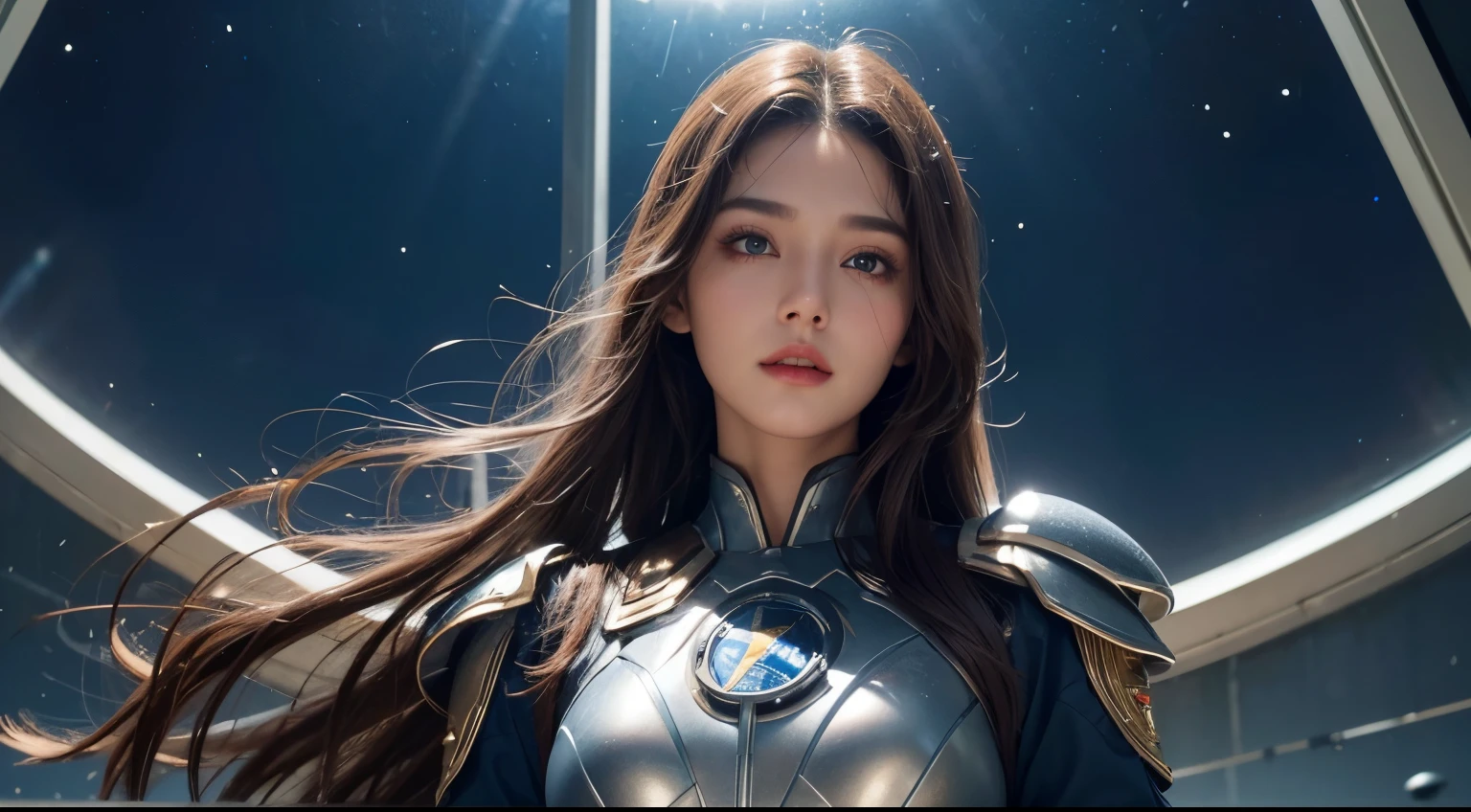 Upper body close-up image。One Beautiful Woman。Dark brown hair。She wears a silver metallic battle uniform.。A woman is in cosmic rays、I can see a shining blue planet from the window.。Beautiful double eyes。bridge of nose。well-shaped lips。8K image quality。