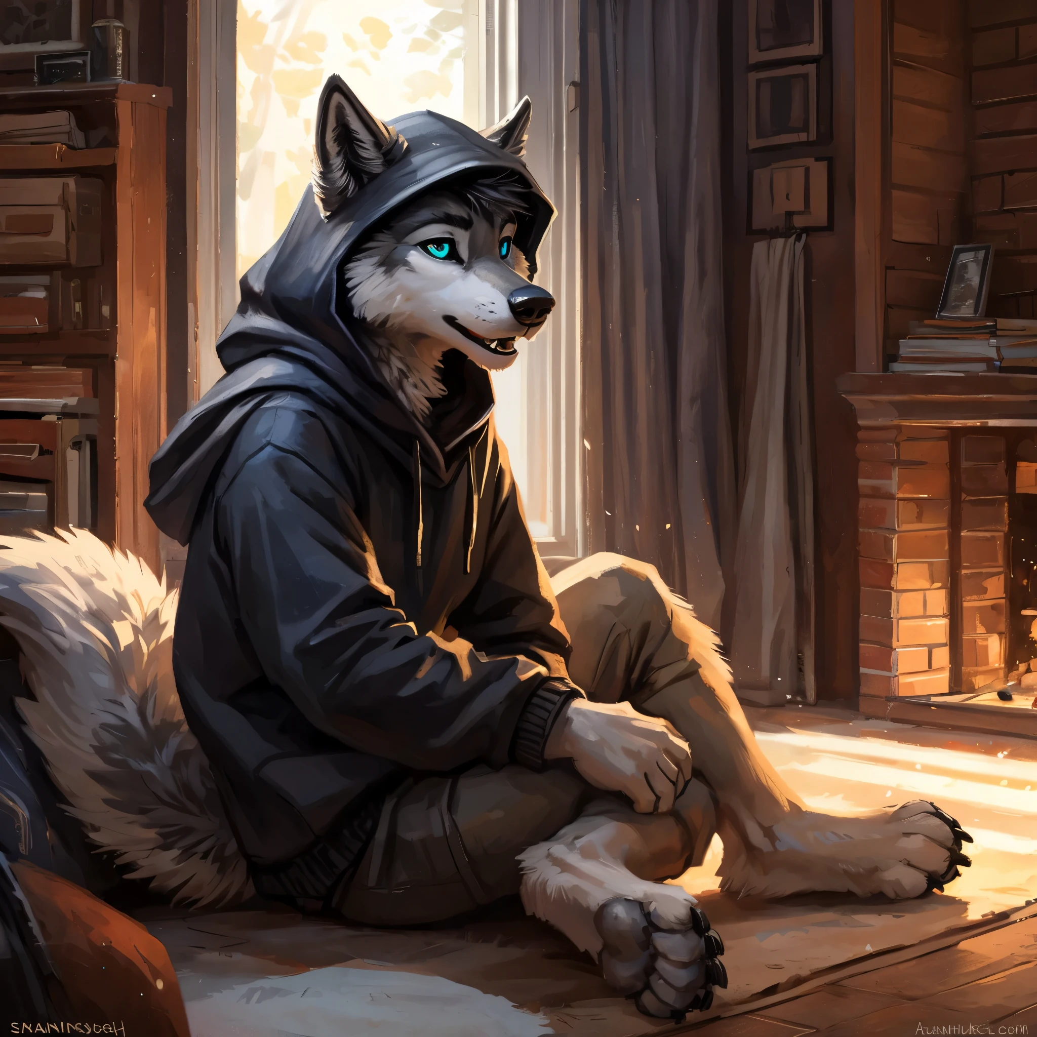Uploaded on E621, beautiful and detailed portrait of a man (((man))) Anthro Wolf, Kenket, Ross Tran, Ruan Jia, Uploaded on E621, Zaush, Floxovh, Zenemic Lighting, seductive, Bl, wolf, full body, gorgeous, messy hair, gray black hair, black ears, open mouth ((:o)), smiling, Fangs, sitting, luminous cyan eyes, profile view, snowy block, black sweatshirt, hood up, fluffy tail, contoured bones, barefoot, feet visible, body visible