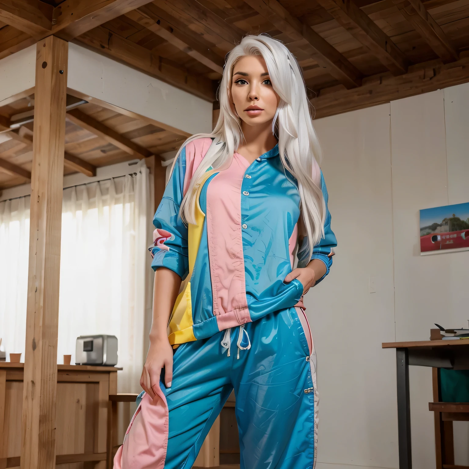 arafed instagram supermodel, biracial features, mid-length blonde hair, pale skin, perfect face, looking hot, olympian swimmer model body, tyla, jennie kim, harsh polaroid flash, vintage quality, in the night, dark background, one girl, vogue in Livingroom millionaire homely . jogging suit inspired outfit happy smiling