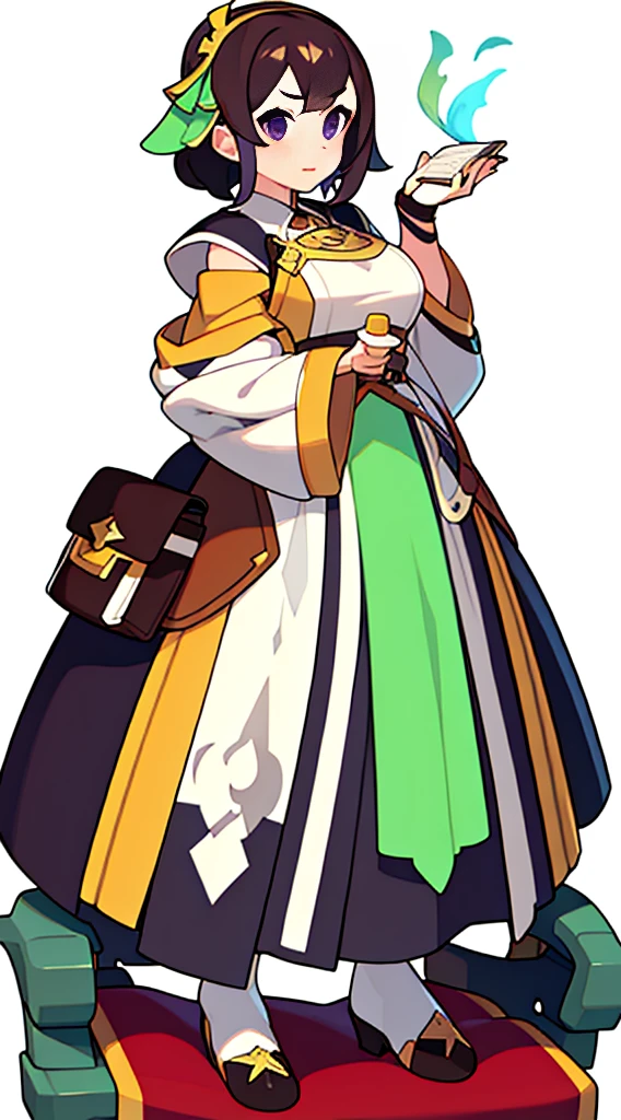 solo female, (((blurry background, white background))), character focus, fantasy clothes, standing, character design, pharmacist, merchant, dark green/brown/violet outfit,