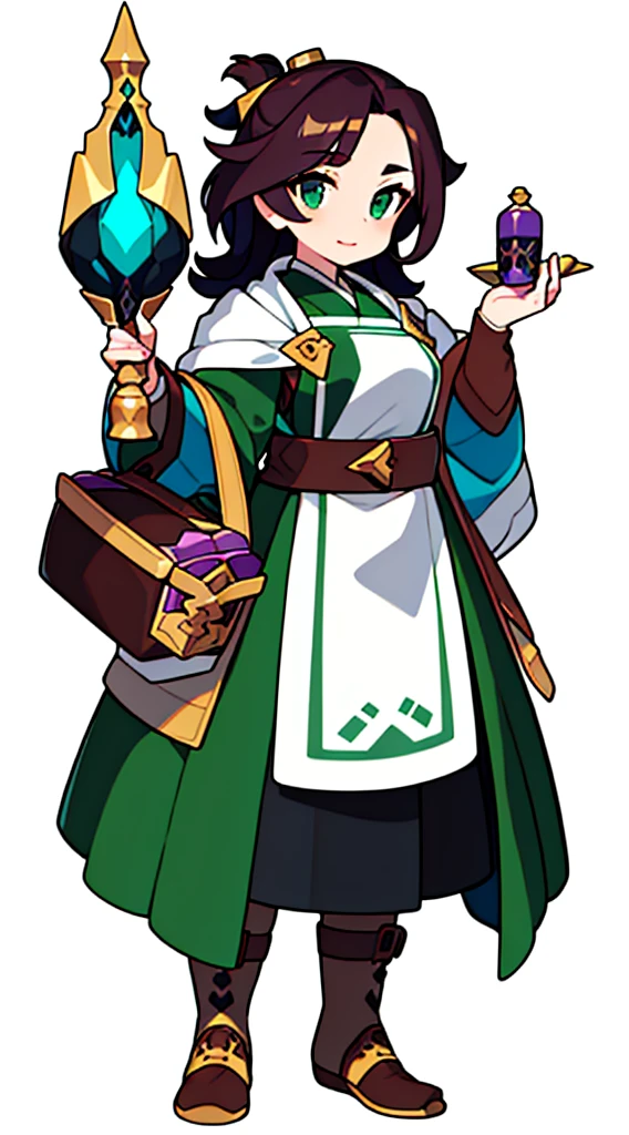 solo female, (((blurry background, white background))), character focus, fantasy clothes, standing, character design, pharmacist, merchant, dark green/brown/violet outfit,