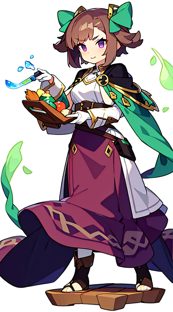 solo female, (((blurry background, white background))), character focus, fantasy clothes, standing, character design, pharmacist, merchant, dark green/brown/violet outfit,