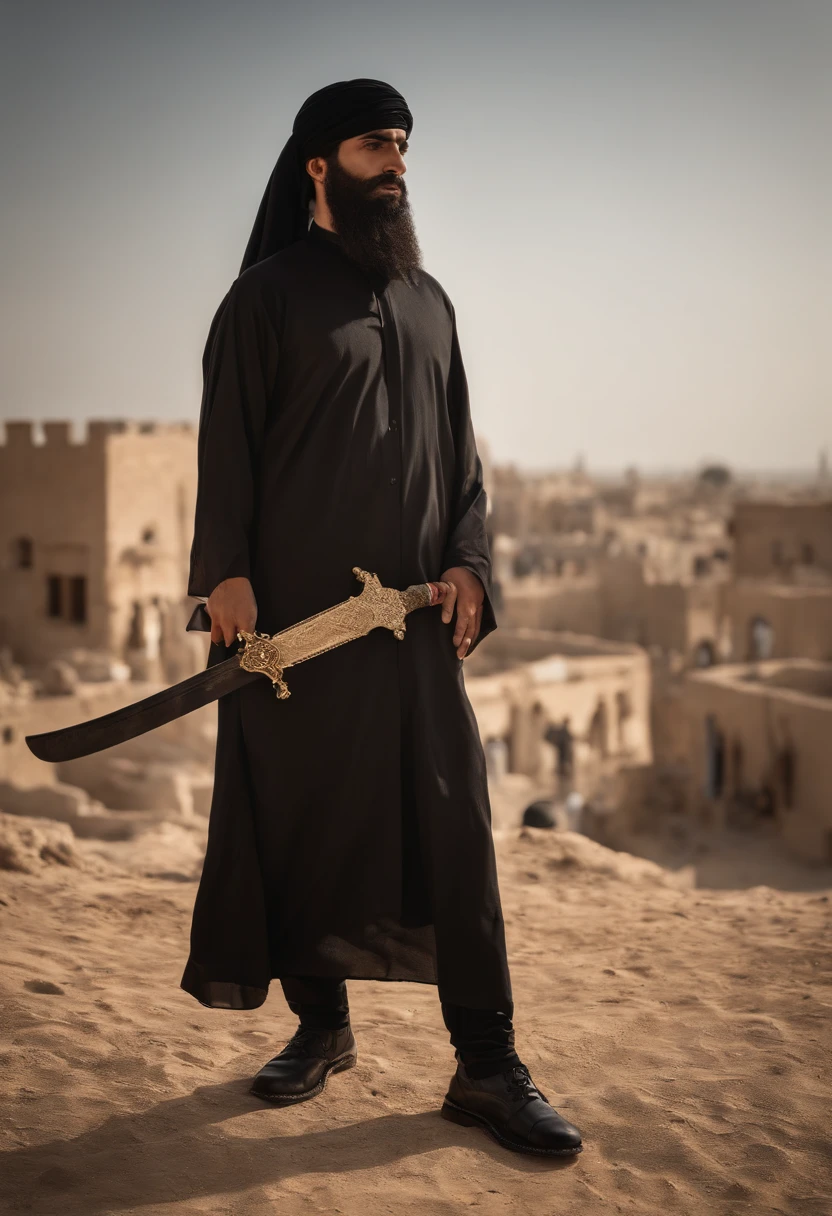 (a mascular Man standing still wearing palestine flag headban and he is looking towards the viewer))、(Arabian Look), ((front view)), ((wearing arabian black Abaya and hold arabian sword))、((at the destruction area))、long hair to shoulder have long beard)、nikon RAW photo、16 K、FujifilmXT3、masterpiece、top-quality、realisitic、Photorealistic、ultra-detailliert、extra detailed face、独奏、1Boy in、High-end makeup products、 and a angry expression on his face, Arabian face 、(FULL BODYSHOT) , , (wide angle view) , round glasses