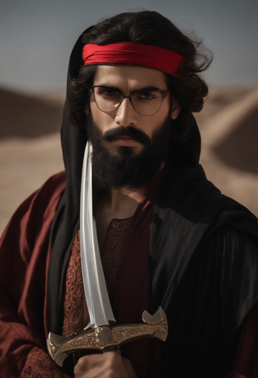 (a mascular Man standing still wearing palestine flag headban and he is looking towards the viewer))、(Arabian Look), ((front view)), ((wearing arabian black Abaya and hold arabian sword))、((at the destruction area))、long hair to shoulder have long beard)、nikon RAW photo、16 K、FujifilmXT3、masterpiece、top-quality、realisitic、Photorealistic、ultra-detailliert、extra detailed face、独奏、1Boy in、High-end makeup products、 and a angry expression on his face, Arabian face 、(FULL BODYSHOT) , , (wide angle view) , round glasses