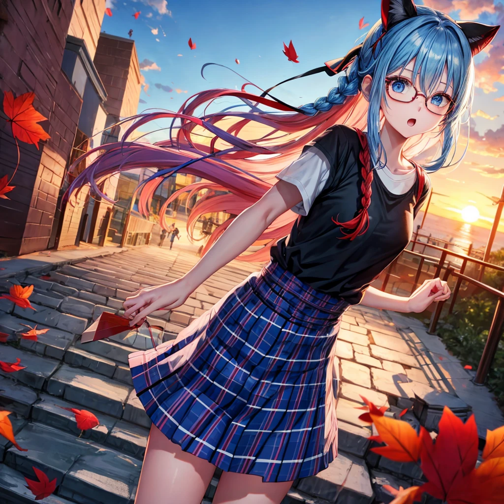 blue hair、Red-blonde、blue eyes、Braid、one good looking girl、solo、anime、Plaid miniskirt、camisole、black t-shirt、Tilting your face、Doing the ribbon、Ribbon at waist、sunset sky、stone stairs、petal、tunnel、Fallen leaves、wearing glasses、waterfall、paper airplane、Pushing a bicycle、Burning、singing