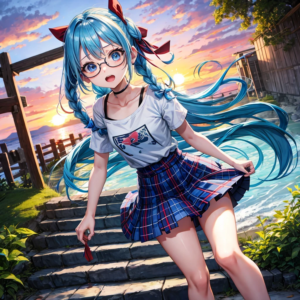 blue hair、Red-blonde、blue eyes、Braid、one good looking girl、solo、anime、Plaid miniskirt、camisole、black t-shirt、Tilting your face、Doing the ribbon、Ribbon at waist、sunset sky、stone stairs、petal、tunnel、Fallen leaves、wearing glasses、waterfall、paper airplane、Pushing a bicycle、Burning、singing