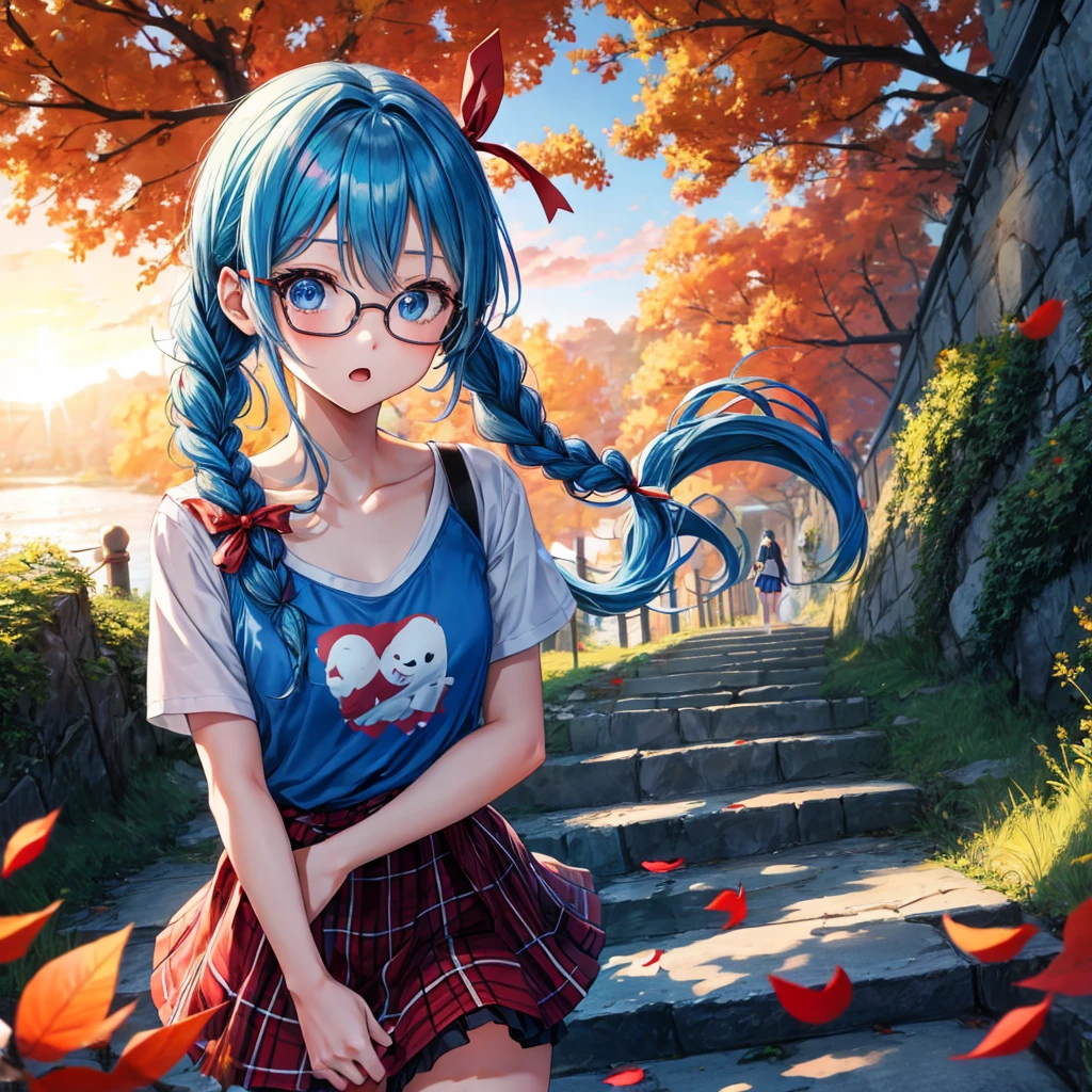 blue hair、Red-blonde、blue eyes、Braid、one good looking girl、solo、anime、Plaid miniskirt、camisole、black t-shirt、Tilting your face、Doing the ribbon、Ribbon at waist、sunset sky、stone stairs、petal、tunnel、Fallen leaves、wearing glasses、waterfall、paper airplane、Pushing a bicycle、Burning、singing