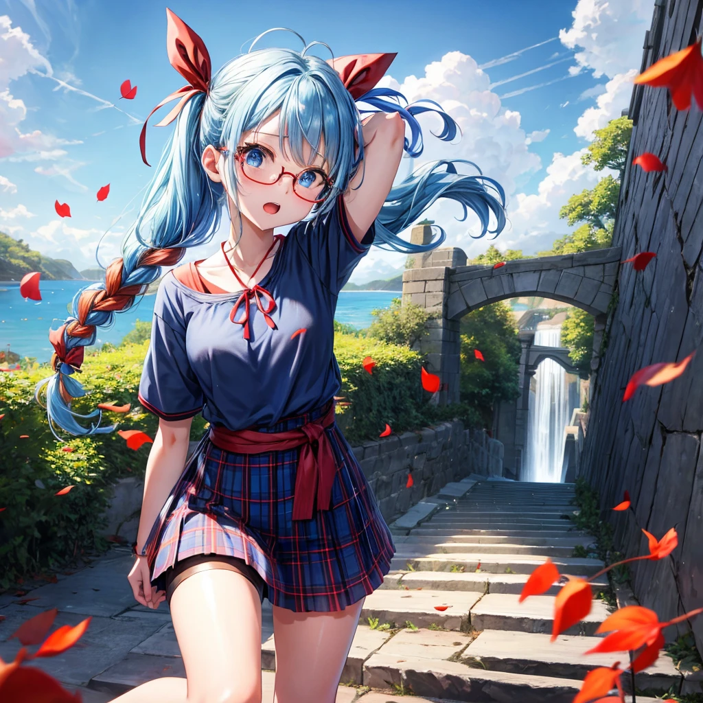 blue hair、Red-blonde、blue eyes、Braid、one good looking girl、solo、anime、Plaid miniskirt、camisole、black t-shirt、Tilting your face、Doing the ribbon、Ribbon at waist、sunset sky、stone stairs、petal、tunnel、Fallen leaves、wearing glasses、waterfall、paper airplane、Pushing a bicycle、Burning、singing