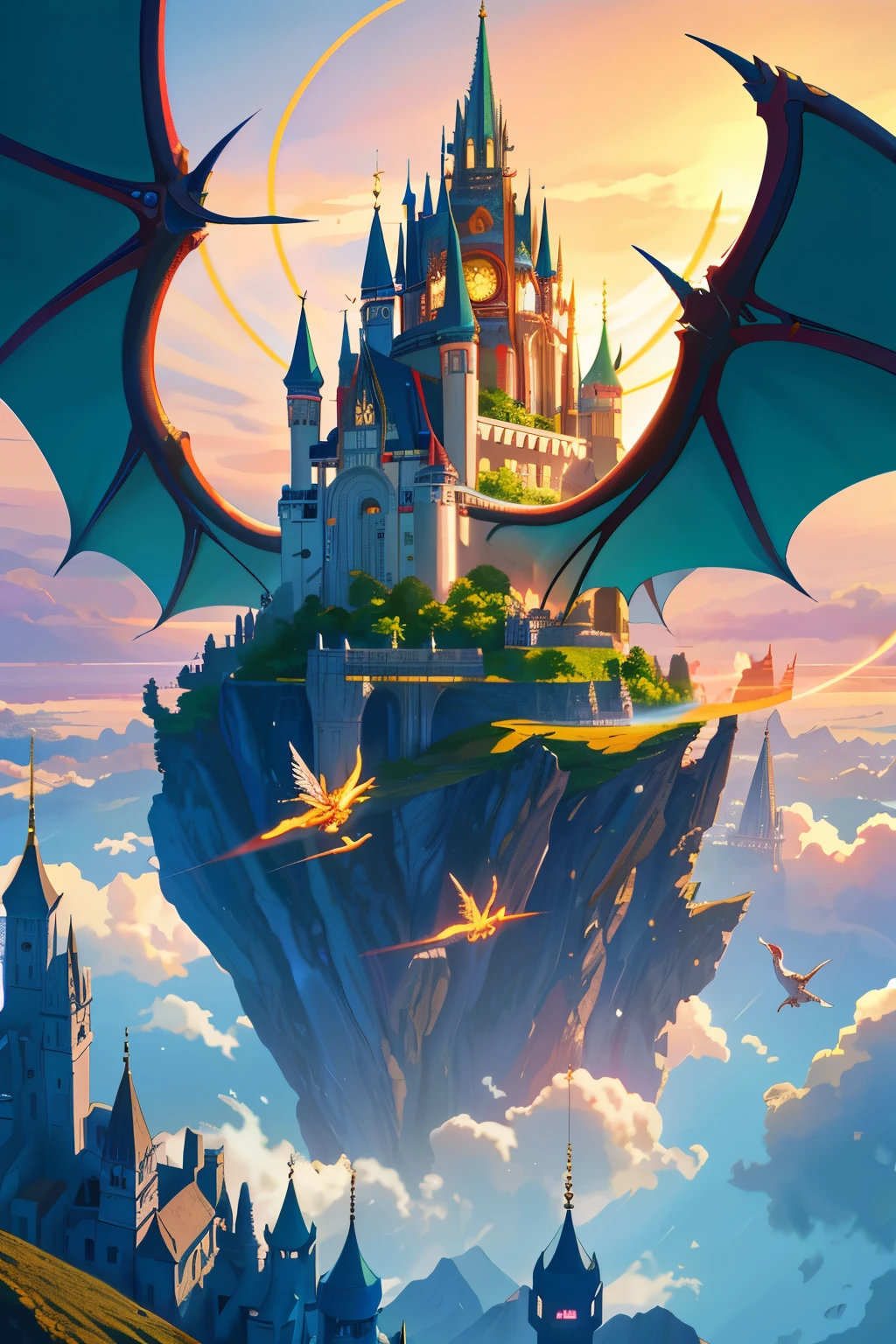 Masterpiece, epical scene, towering castles floating in the sky, dragon riders soaring above, radiating an aura of high-fantasy anime, intricately detailed architecture, vibrant colors, draconic wings spread wide against a backdrop of twilight, sun setting, casting long shadows on the grand structures below, ethereal and surreal, a mesmerizing sight to behold, exquisitely rendered, lifelike, a captivating display of artistic prowess.