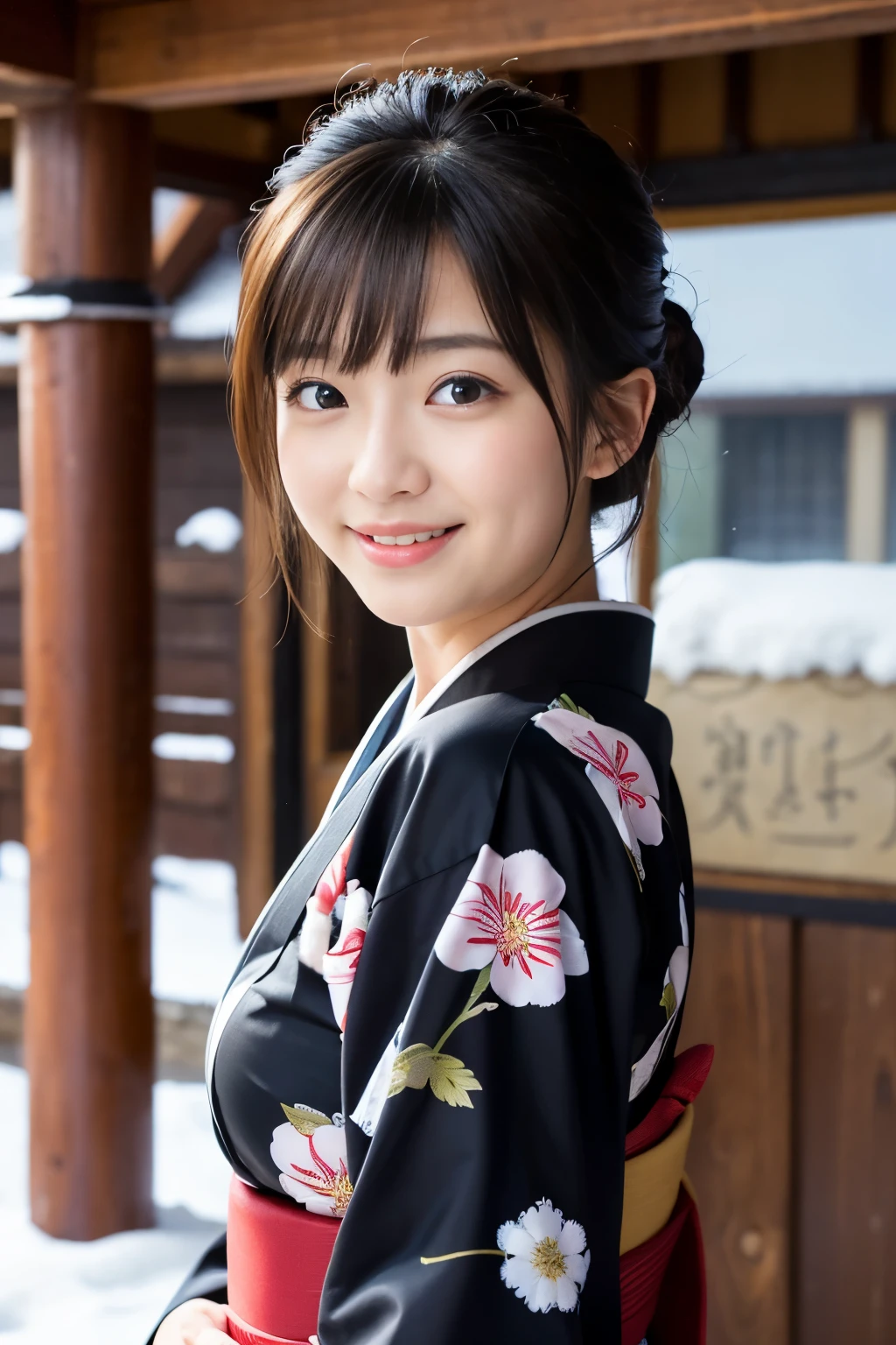 Best-quality, Masterpiece, Ultra-High-Resolution, (Photorealistic:1.4), Raw-Photo, at Japanese-traditional-inn in heavy-snowy-mountain, 1girl, the most popular Japanese idol, wearing only beautiful-Japanese-KIMONO, looking at viewer, grinning, Perfect proportion, extremely cute face like the most famous Japanese idol, ((extremely beautiful big-black-eyes)), extremely beautiful black-short-cut-haired, extremely beautiful long-eyelashes, extremely beautiful lips, detailed Japanese-traditional-inn, detailed heavy-snowy-mountain, detailed beautiful-Japanese-KIMONO