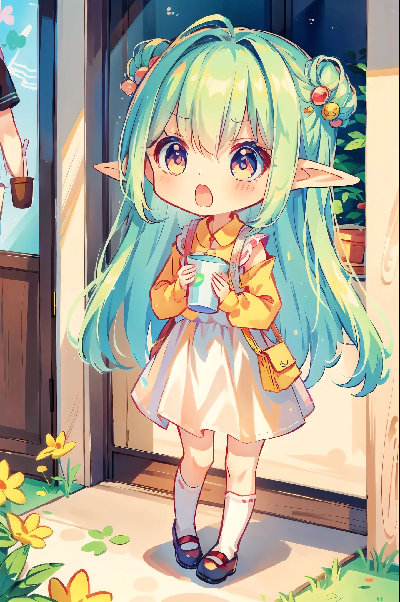 Full body shot of cute elf chibi girl、Revealing the reality of everyday life、moan at home、Drunk、Yawning face