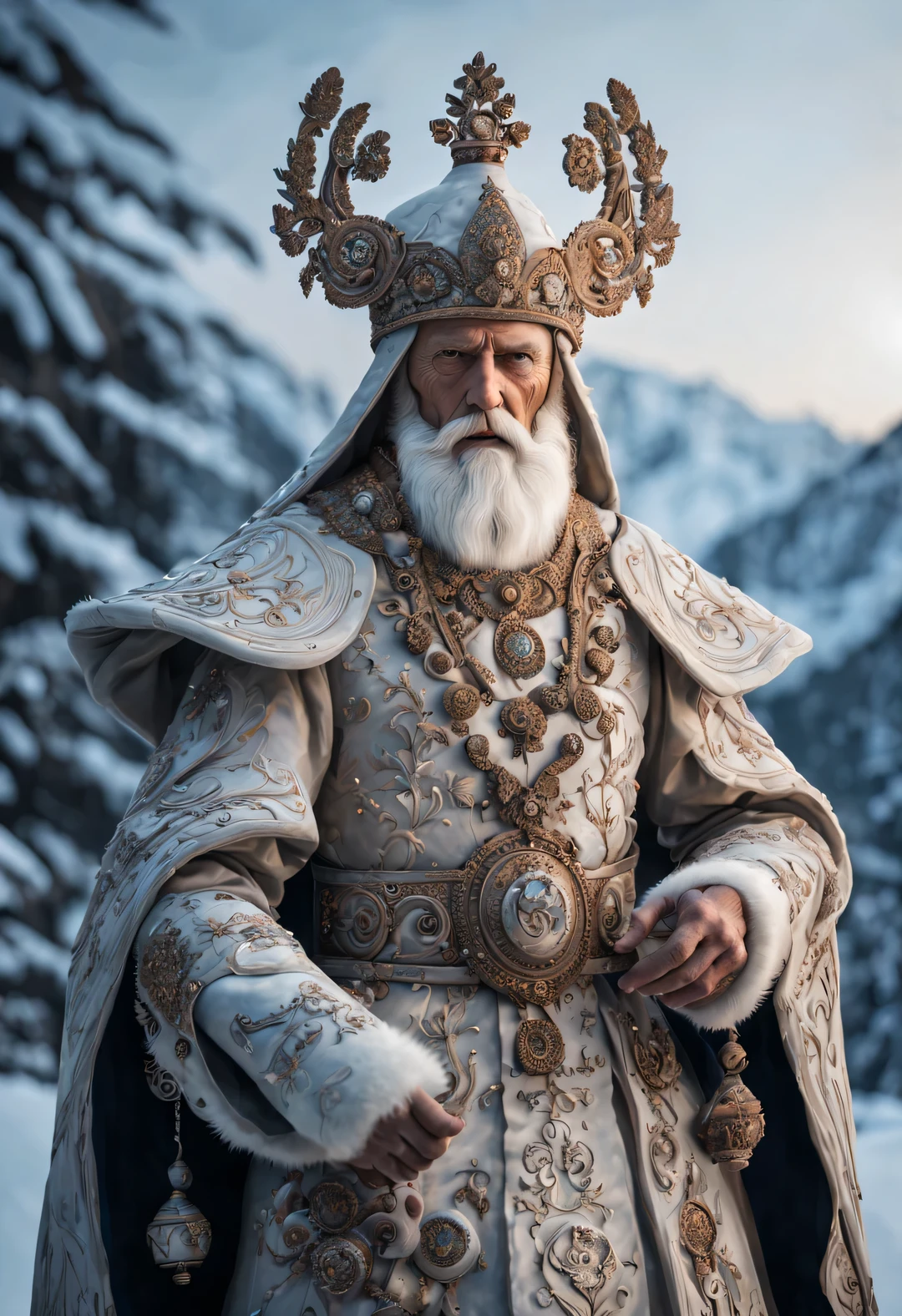 James Christensen, style, portrait oF Snow God, Exquisite details, 30 megapixels, 4K, 85mmレンズ, clear Focus, intricate details, long exposure time, F/8, ISO 100, Shutter speed 1/125, diFFuse backlight, Winning photo, Face-to-Face camera, Gaze at the camera, monochrome, she, small-catchlight, low contrast, high deFinition, Facial symmetry, depth oF Field, prime time, ultra Fine photography, Shiny metal surFace with complex rotating mother oF pearl inlay, Ray tracing, Global Illumination - v4-ar2:3