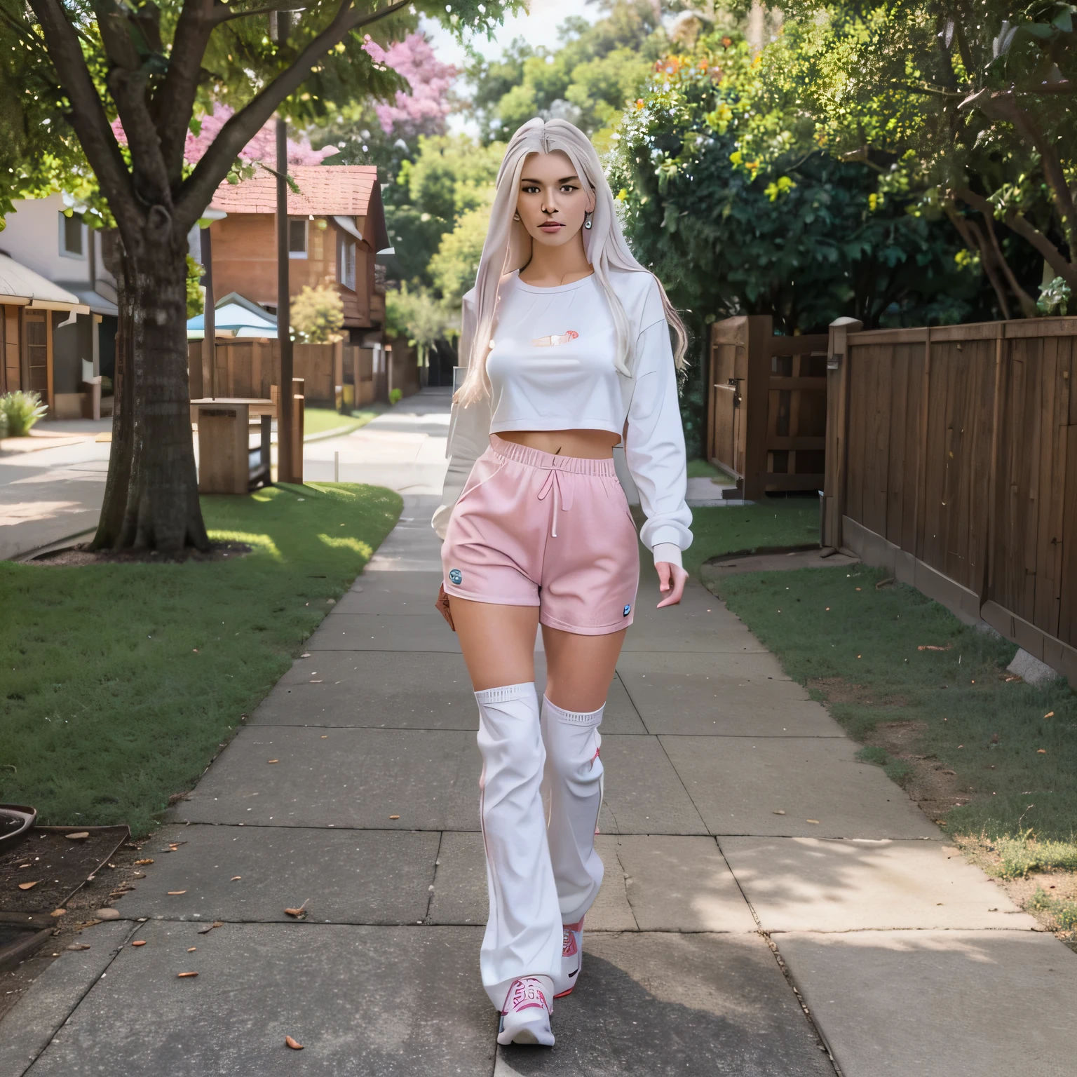 Emily Sears with white hair,(best quality,high resolution:1.2),(realistisch,photorealistisch:1.37),Ganzkörperperspektive,Rot,Blau,Green,Gelb,Rosa,Baggy-Outfit,gehen,Stehen.