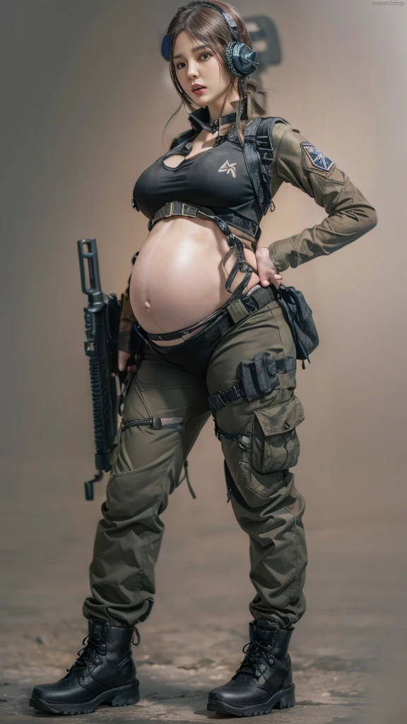 1 girl, 8k resolution, masterpiece, full term pregnancy with octuplets, huge round belly, pregnant belly exposed, black tactical cargo pants, black body suit, black combat boots, black triangle bikini, sniper rifle, realistic tits, tall, beautiful, curvy, athletic, sexy pose, full body view, different perspectives, ultra high detail, beautiful face, ultra high detail face, black combat headset, pastel colors, soft lighting, mother, child bearing hips, holding pregnant belly