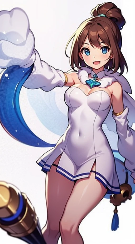 (Perfect body),Best Quality,16 K,(((adult  woman)))、((NSFW))、(((blush))),(:D)、embarrassed from,(Short hair),((Forehead))、 (((Brown eyes))),((((Brown hair)))),(Sweat),((Big ass)),(((Eau)Light blue and white leotard))、white knee-socks、Silver Boots、white glove、Silver hair ornament、Blue crystal、(((large full breasts)))、((thick thighs))、(Hands behind the head)、Armpits、is standing、Electronic space