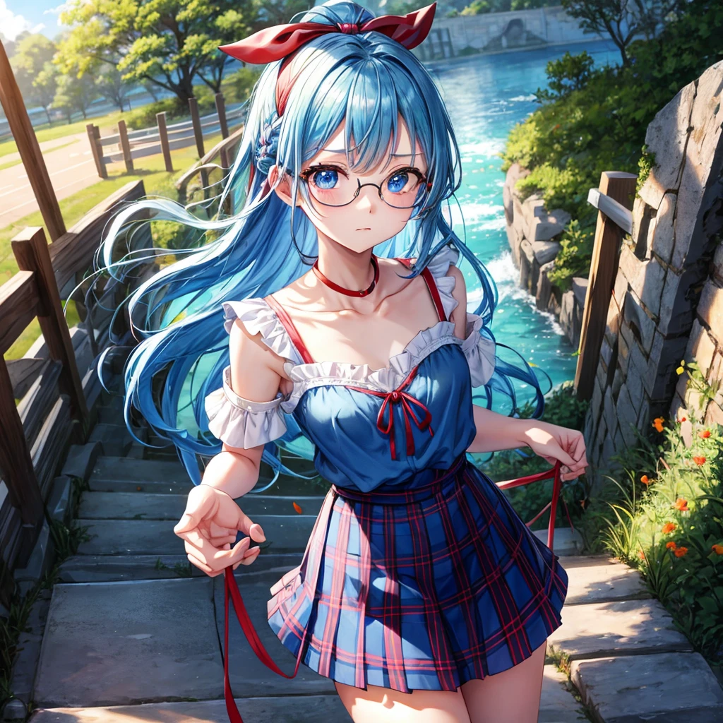 blue hair、Red-blonde、blue eyes、Braid、one good looking girl、solo、anime、Plaid miniskirt、camisole、black t-shirt、Tilting your face、Doing the ribbon、Ribbon at waist、sunset sky、stone stairs、petal、tunnel、Fallen leaves、wearing glasses、waterfall、paper airplane、Pushing a bicycle、Burning、Have an insect net