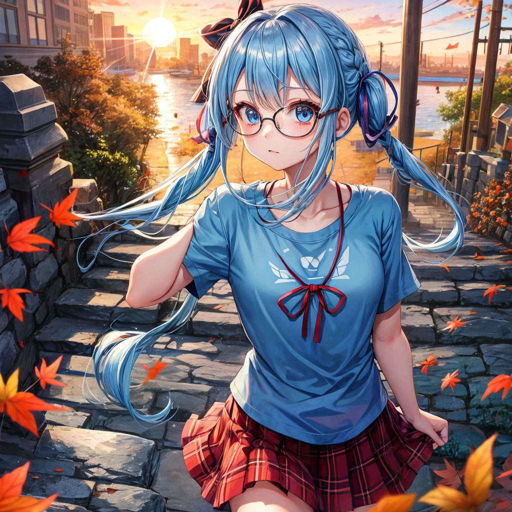blue hair、Red-blonde、blue eyes、Braid、one good looking girl、solo、anime、Plaid miniskirt、camisole、black t-shirt、Tilting your face、Doing the ribbon、Ribbon at waist、sunset sky、stone stairs、petal、tunnel、Fallen leaves、wearing glasses、waterfall、paper airplane、Pushing a bicycle、Burning、Have an insect net