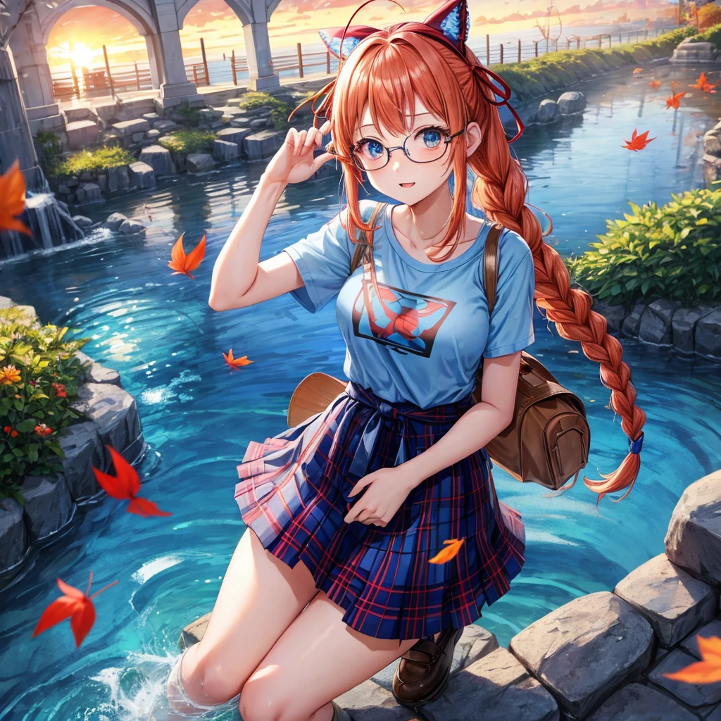 blue hair、Red-blonde、blue eyes、Braid、one good looking girl、solo、anime、Plaid miniskirt、camisole、black t-shirt、Tilting your face、Doing the ribbon、Ribbon at waist、sunset sky、stone stairs、petal、tunnel、Fallen leaves、wearing glasses、waterfall、paper airplane、Pushing a bicycle、Burning、Have an insect net