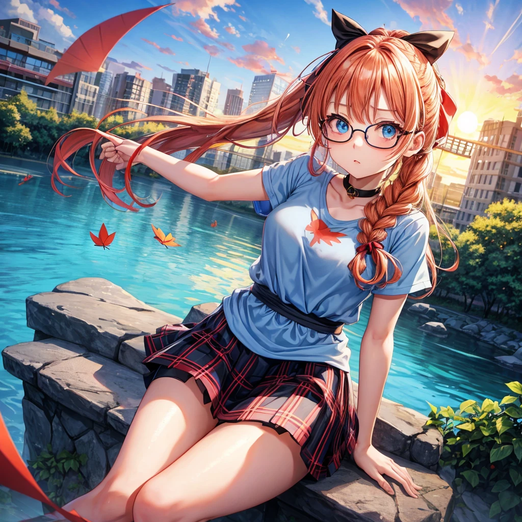 blue hair、Red-blonde、blue eyes、Braid、one good looking girl、solo、anime、Plaid miniskirt、camisole、black t-shirt、Tilting your face、Doing the ribbon、Ribbon at waist、sunset sky、stone stairs、petal、tunnel、Fallen leaves、wearing glasses、waterfall、paper airplane、Pushing a bicycle、Burning、Have an insect net