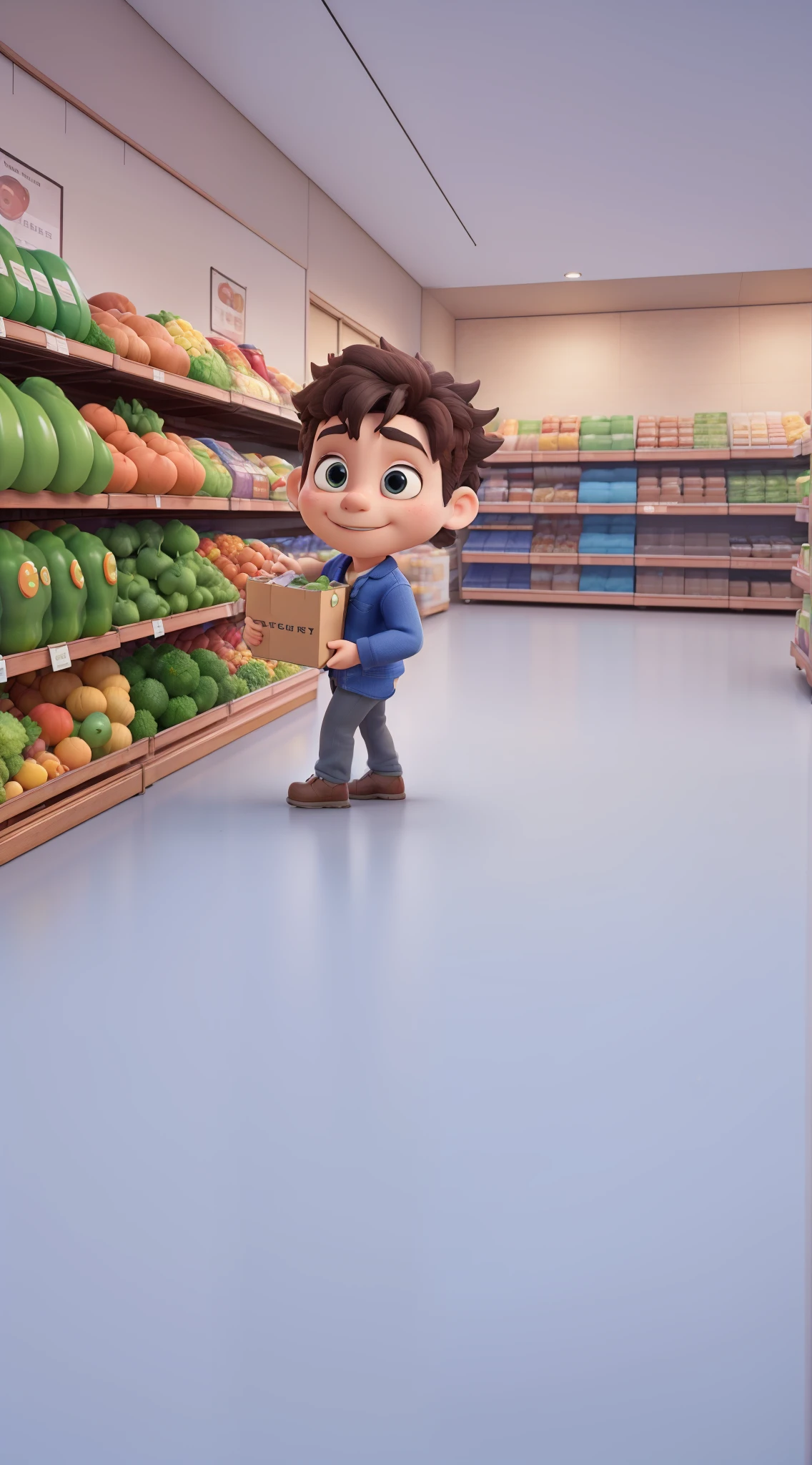 shopping groceries, buy groceries, Male shop assistant holding cardboard box, inside a supermarket, Supermarket shelves stacked, 3d, toy photos, Lovely 3D rendering, animation stills, shopping cart, cart, standing in a supermarket, animation stills, promotional rendering, Convenience stores, 3d characters, ((better quality)), ((artwork)), (detailed), perfect face shape