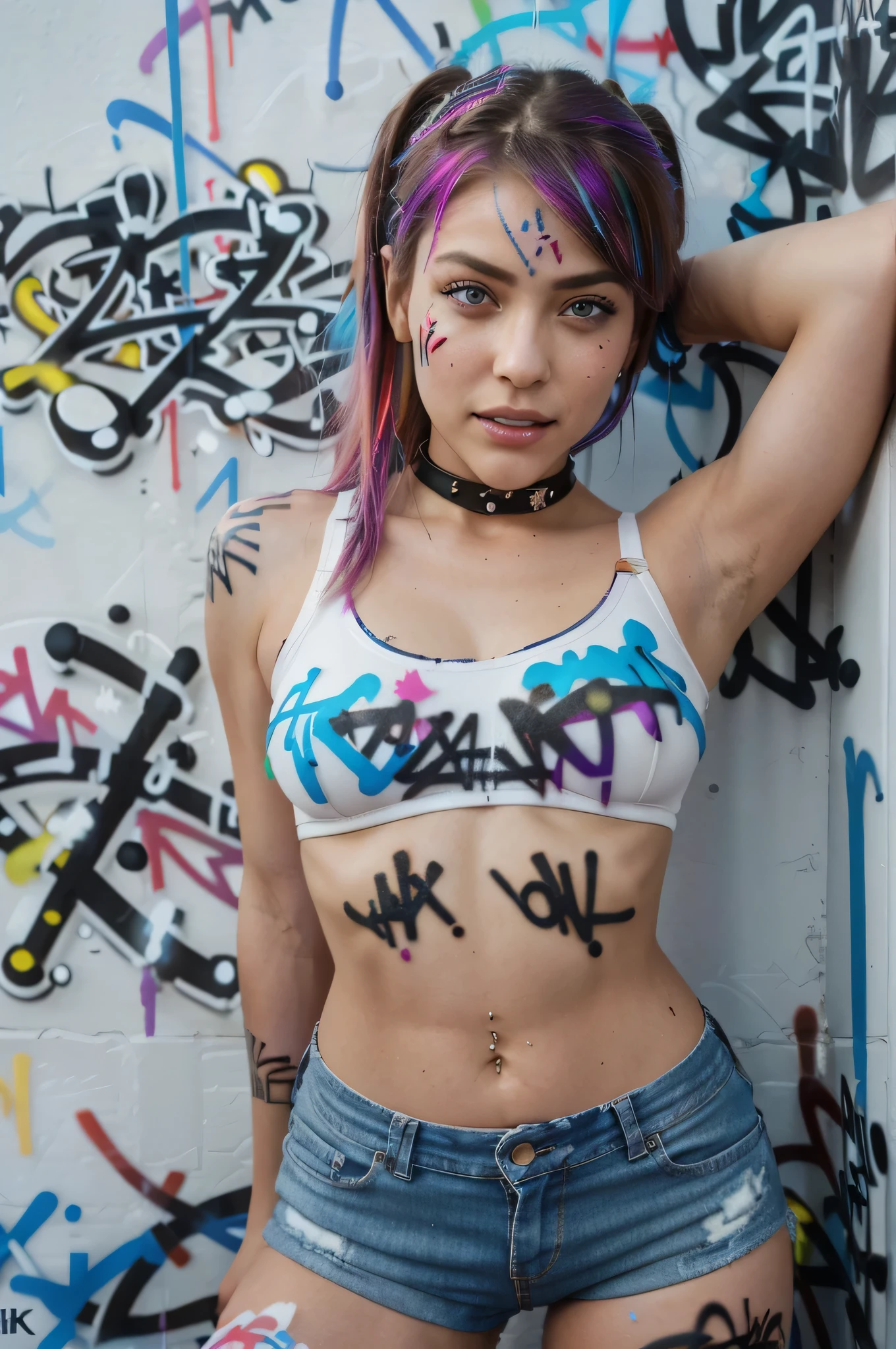 (masterpiece), best quality, (Professional Photography:1.2), (High Definition:1.3), from above,1girl, muscular skinny 18yo girl, open mouth wide,arms behind back, (sking tight latex crop top), denim shorts, choker, (graffiti:1.5), very messy long hair, paint splatter, against wall,, armband, thigh strap, (many paint on body), head tilt, (evil smile), multicolored hair, (sparkle eyes), headset, blue piering eyes, posing seductively, camel toe, looking at camera with a loving gaze