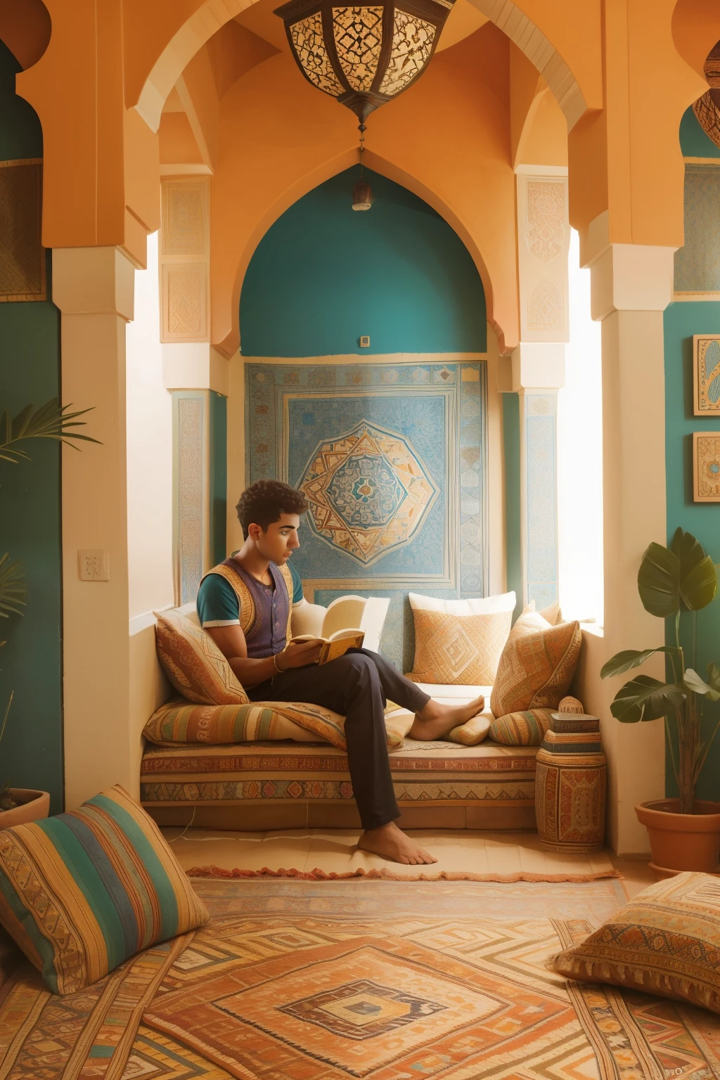 Within the vibrant tapestry-lined walls of a Moroccan-inspired reading nook in the 2000s, a sixteen-year-old Arab boy, with curly dark hair and a patterned vest, sits cross-legged on plush floor cushions, immersed in a collection of ancient myths, with intricately tiled mosaic accents.