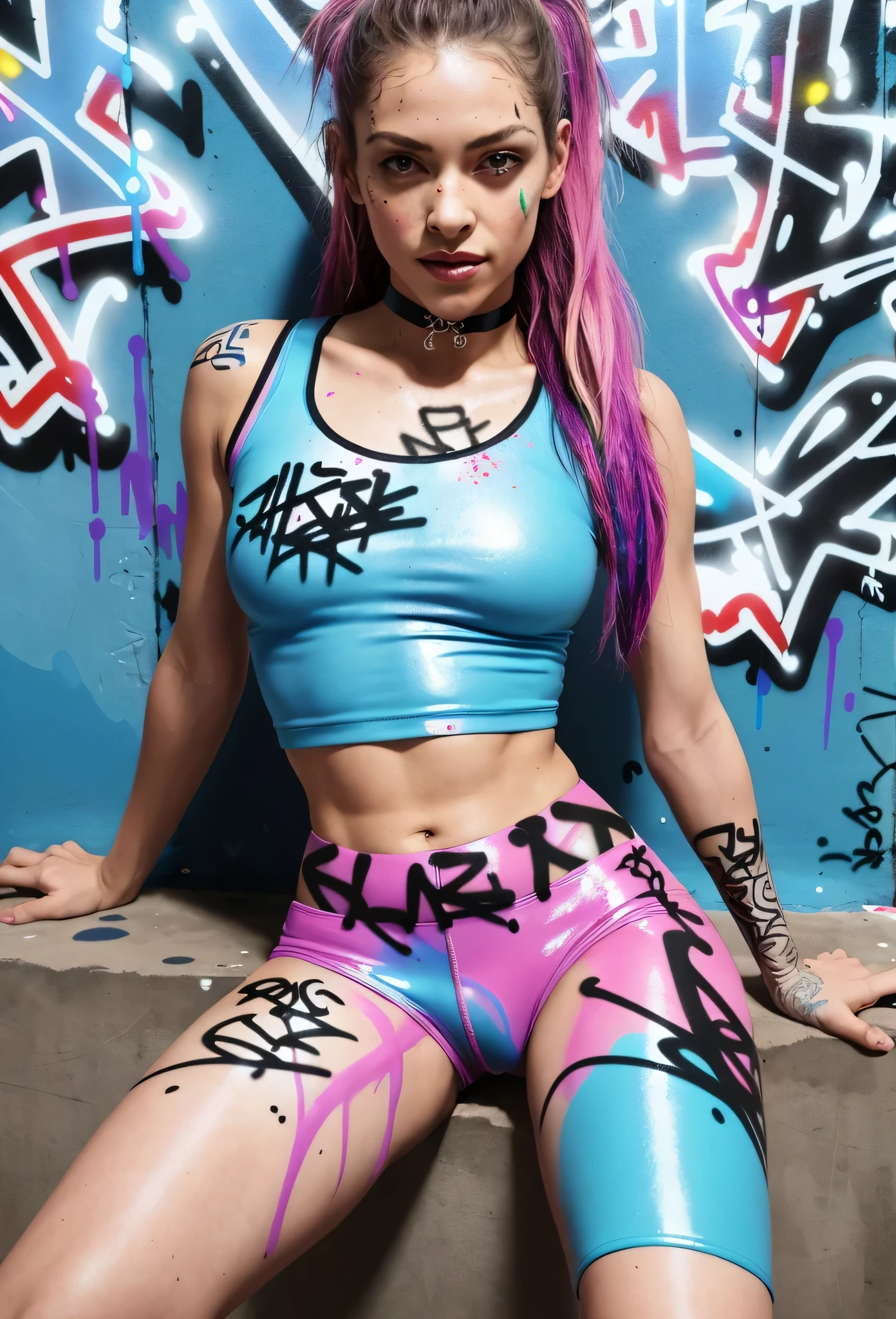 photorealistic,absurdres, skater girl model, best quality,1girl, solo, streaked hair, intricate latex crop top, tight sportswear shorts, choker, (graffiti:1.25),  paint splatter, arms behind back, (slouching), leaning back, against wall, looking at viewer, streaked hair, paint on body, intense eye contact, playing with the camera, seductive pose, seductive face expression, straddling, camel toe, joyfull, happy, smirk