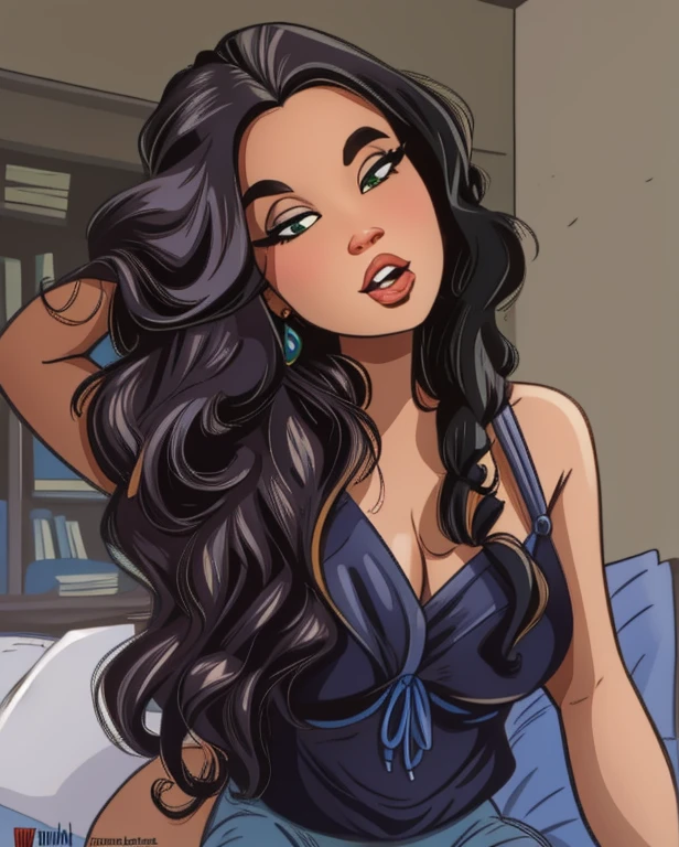 um close de uma mulher com longos cabelos escuros sentada em uma cama, cabelo preto longo e ondulado, cabelo preto longo e cacheado, cabelos ondulados escuros vibrantes, cabelo preto longo e ondulado, cabelo preto ondulado, cabelo preto longo e cacheado, cabelo preto longo e ondulado, cabelo preto longo e encaracolado, cabelos escuros longos e ondulados, penteado ondulado, com cabelos longos e cacheados, cabelo castanho longo e encaracolado